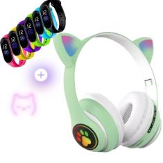 Headset Fone De Ouvido Bluetooth Led Orelha Gato e Pulseira Led Digita