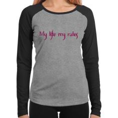 Baby Look Raglan My Life My Rules Manga Longa - Foca na Moda, Cinza, P