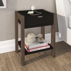 Mesa de Cabeceira 1 Gaveta Com Tomada Az1016 Preto/nogal - Tecno Mobili