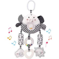 Elefante preto e branco pendurando brinquedos de chocalho com Squeaker Crinkle e Teether, Chocalhos Macios, Clipe de Atividade no Pram Toy, Brinquedo 