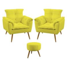 Kit 2 Poltronas Decorativas Opala e Puff Solar Suede Amarelo Aradecor