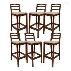 Kit 6 Banquetas Alta para Cozinha Grécia em Madeira Castanho Linho Beg
