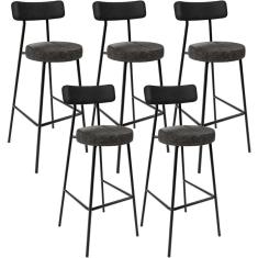 Kit 05 Banquetas Alta Bar Cozinha Sala De Jantar Milão L02 Couríssimo Preto Linho Chumbo