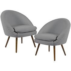 Kit 02 Poltronas Decorativas Fixa Pés Palito Rafa D02 Tressê Linho Cinza C-416 - Lyam Decor