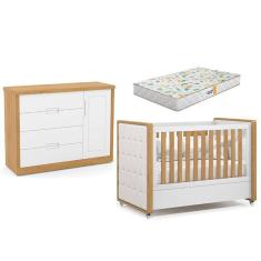 Berço Americano Com Capitonê New Boucle E Cômoda Infantil Tutto New Freijó Branco Acetinado E Colchão Gazin - Matic