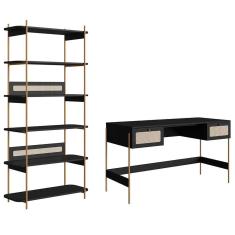 Mesa Escrivaninha E Estante Pé Metal Arlo A10 Nero-dourado - Mpozenato