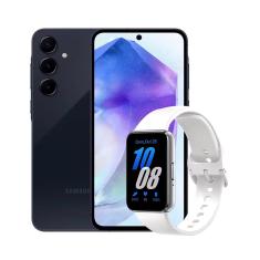 Smartphone Samsung Galaxy A55 5G 128GB Azul Escuro, 8GB RAM, Câmera Tripla de até 50MP, Selfie de 32MP e Tela Super AMOLED 6.6" + Galaxy Fit3 Prata