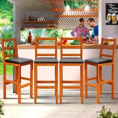 Conjunto 4 Banquetas Para Balcão Madeira Maciça Assento Estofado Preto Gal Shop JM