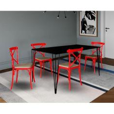 Jogo de Mesa Elen Retangular Tampo de Madeira 140x80cm Preto com 4 Cad