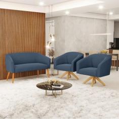 Sofá 2 Lugares 2 Poltronas Stella Base Giratória MA30 Suede Azul M D03