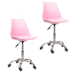 Kit 02 Cadeiras Office Base Cromada Com Rodizio Giratória Saarinen Rosa