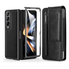 Capa de couro 2 em 1 para Samsung Galaxy Z Fold 5 4 3 Fold4 Fold5 5G Capa de telefone retrô com porta-caneta coldre de cinto (sem caneta), preta, para Galaxy Z Fold4