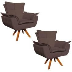 Kit 2 Poltronas Decorativas Sala De Estar Base Giratória Madeira Opla Suede Marrom - Ibiza
