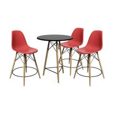 Conjunto Mesa Bistrô Eames Eiffel Preta Com 3 Banquetas Vermelhas De Madeira - Cor: Preto