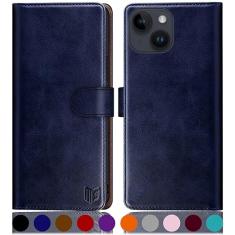 SUANPOT Design para iPhone 15 6,1 polegadas Kickstand capa protetora carteira com suporte de cartão de crédito RFID, capa flip Folio Book couro PU à prova de choque mulheres homens para Apple 15 capa