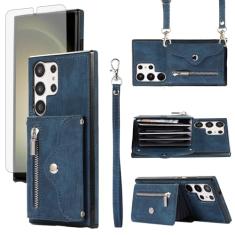 Capa de telefone para Samsung Galaxy S24 Ultra 5G capa carteira e protetor de tela de vidro temperado com alça transversal de pulso cordão suporte para cartão de crédito S24Ultra 24S S 24 24Ultra