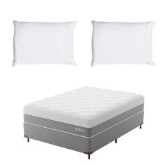 Cama Box Casal com Colchão Sublime Mola Ensacada e Espuma Viscoelástica (32x138x188) Cinza e Branco com 2 Travesseiros Guldi Soft Nasa Branco