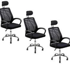Kit 3 Cadeiras Escritório Diretor, Tela Mesh, Encosto De Cabeça