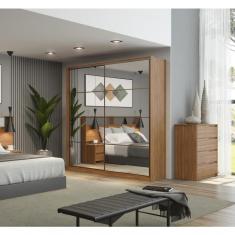 Guarda Roupa Casal Nápolis 2 Portas de Correr 3 Gavetas MDP com Espelho Amêndola Touch-Grafito Casa H