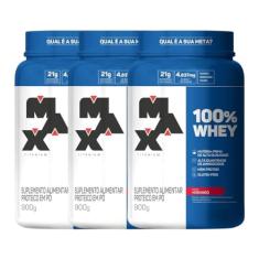 Kit 3 100% Whey Max Titanium Pote 900g Morango Suplemento