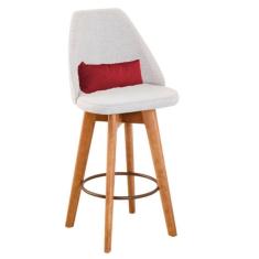 Banqueta Alta Maya Giratória Com Encosto Gourmet Linho Bege e Almofada Vermelho - Aurora Line