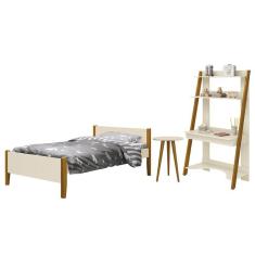 Jogo de Quarto Infantil Simba Estante Escrivaninha, Cama e Mesa de Canto Theo com Pés Amadeirado - Reller Móveis Areia Fosco