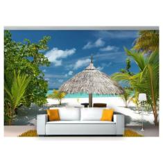 Papel De Parede Praia Mar Coqueiros Cadeiras  Npr241 - Você Decora