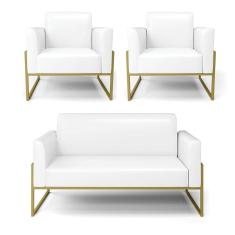 Sofá Namoradeira Com 2 Poltronas Base Industrial Alta Dourado Marisa Corano Branco D03 - D\'rossi