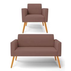 Sofá Namoradeira Com Poltrona Pés Palito Castanho Marisa Veludo D03 - D\'rossi Cor Rose