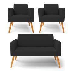 Sofá Namoradeira Com 2 Poltronas Pés Palito Castanho Marisa Veludo D03 - D\'rossi Cor Preto