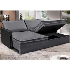 Sofá Sem Caixa Retrátil Baú 1,75m Cama Inbox Grace Tecido Linho e Courino Cinza Escuro