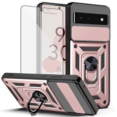 Asuwish Capa de celular para Google Pixel 6 com capa de câmera deslizante e protetor de tela de vidro temperado, suporte rígido, acessórios de célula híbrida Pixel6 Pixle Six Mobile Slim Kickstand