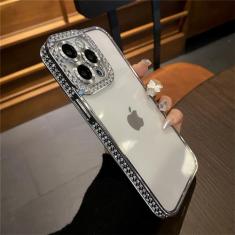 Capa de telefone com strass de diamante claro galvanizado para iPhone 14 11 12 13 15 Pro Max Capa transparente de silicone, prata, para iPhone 13