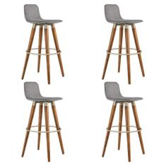 Kit 4 Banquetas Altas Luxo Versatil Aço Champanhe Linho Cinza Base Car