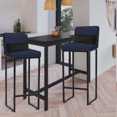 Kit 02 Banqueta Alta com Encosto Lucca Industrial Cozinha Balcão Ferro Preto Suede Azul Marinho e Almofada Preto - Ahazzo Móveis