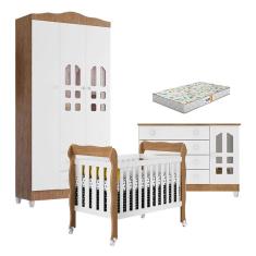 Quarto de Bebê New Selena 3 Portas com Berço Lila e Cômoda Gran Selena Branco Acetinado Amadeirado e Colchão Gazin – Carolina Móveis