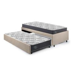 Bicama Box Solteiro 88x188 Suede Com Dois Colchões Adapto Molas Ensacadas Ecoflex Bege, Cinza