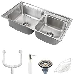 Pingoo.Casa, Kit Cuba para Cozinha com Acessórios e Sifão, Pia Dupla, Gourmet, Aço Inox, Ticunas, Prata