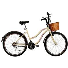 Bicicleta Retrô Vintage Aro 26 18v Feminina Beach Bege com Cestinha