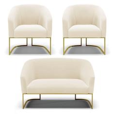 Sofá Namoradeira E 2 Poltronas Base Industrial Dourado Stella Veludo D03 - D`rossi Cor Bege