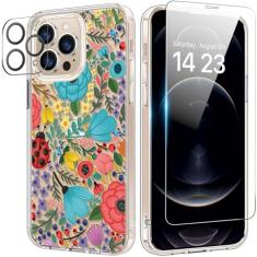 bicol Capa para iPhone 12 Pro com protetor de tela e protetor de lente de câmera - Designs florais de flores elegantes para mulheres e meninas - Capa de telefone transparente de acrílico à prova de