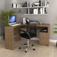 Kit Escrivaninha em L 2 Gavetas Me4129 e Cadeira de Escritório Diretor Tela Mesh Tok 3310 Nogal