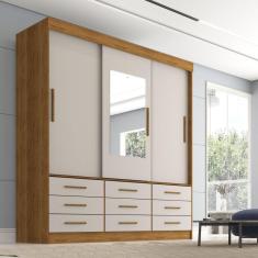 Guarda Roupa Casal 3 Portas 9 Gavetas com Espelho Luana Sallêto Móveis Cinamomo/Off White