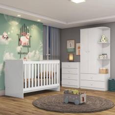 Quarto de Bebê Berço Mini Cama Guarda Roupa e Cômoda Sonho Encantado Espresso Móveis Branco