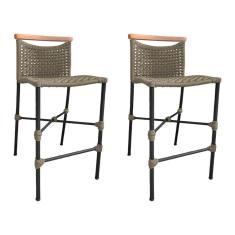 Kit 2 Banquetas Anne Em Corda Náutica Base Em Alumínio Preta Com Detalhe Em Madeira Rami - Cor: Bege