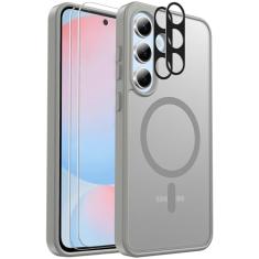 Ezanmull Capa magnética à prova de choque para Samsung Galaxy S24 FE, [adequada para MagSafe] [Protetor de tela de vidro + protetor de lente da câmera] Capa translúcida antiimpressão digital para