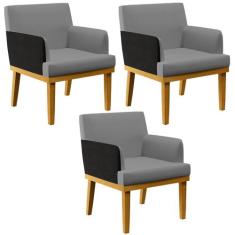 Kit 03 Poltronas Decorativas Sala de Estar Beatriz W01 Linho Cinza Esc