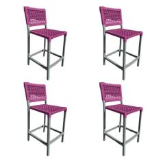 Kit 4 Banquetas França em Corda Náutica e Base em Alumínio Cinza para 