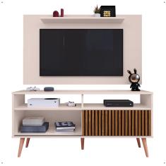 Rack Bancada Estante Painel TV Smart 48 Polegadas Home Pequeno Nicho Porta Correr Pés Palito Retrô Sala Quarto Samba Off White/Ripado - rpm