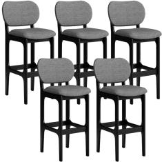 Kit 5 Banquetas Alta Betta Preto Linho Cinza Escuro